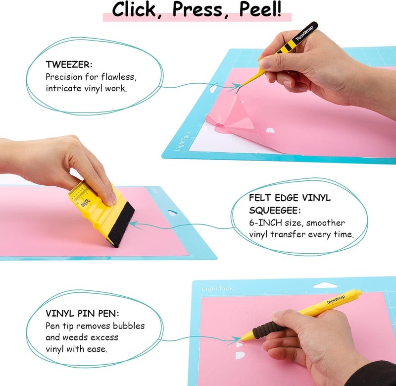 TECKWRAP Permanent Vinyl Bundle All-in-One Accessories, 21 Assorted Colors (12"x12") Sheets, Squeegee, Pin Pen, Tweezers, 2PCS Cutting Mats, Vinyl Storage Bag for Crafting - Image 4